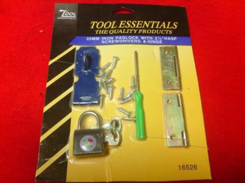 TOOL ESSENTIALS 16526 25MM IRON PADLOCK WITH 2 1/2&#039;&#039; HASP SCREW DRIVERS &amp; HINGE