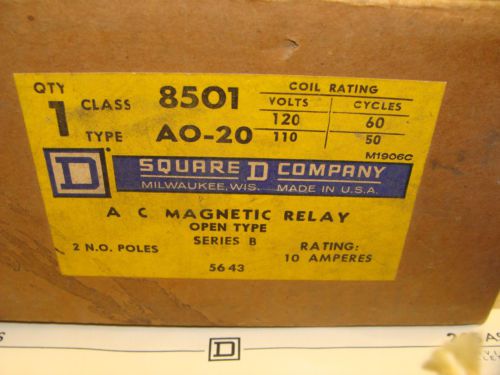 SQUARE D 8501 AO-20 MACHINE TOOL RELAY 2 NO CONTACTS 10A 600V MAX 110-120V COIL