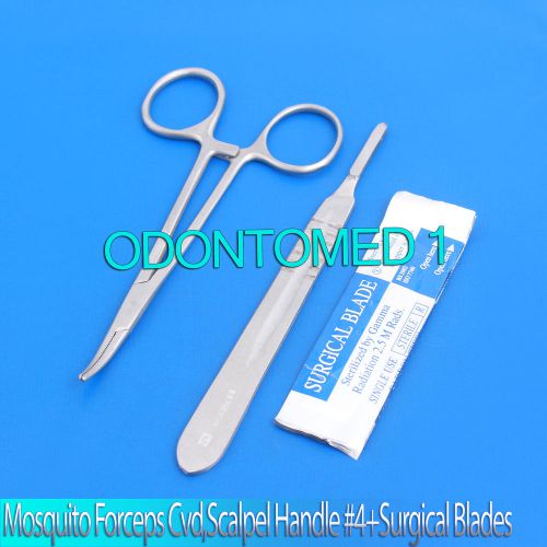 MOSQUITO HEMOSTAT FORCEPS 5&#034; CURVED +SCALPEL HANDLE #4+5 SURGICAL BLADES #24