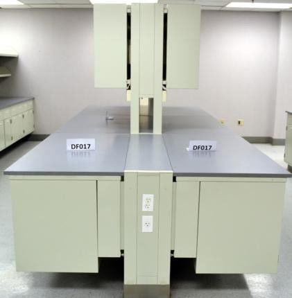 36&#039; fisher hamilton laboratory furniture island w/ 29&#039; upper shelves &amp; cabinets for sale