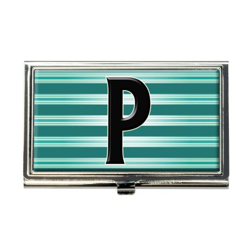 Letter P Initial Black Teal Stripes Business Credit Card Holder Case