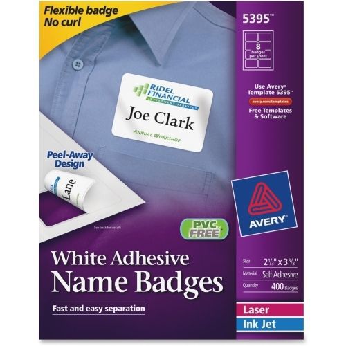 Avery name badge label - 2.33&#034;wx3.37&#034;l - 400/box -laser,inkjet -white for sale