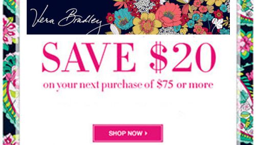 One (1) Vera Bradley $20 off $75 Coupon Code for purses, handbag, backpack, etc