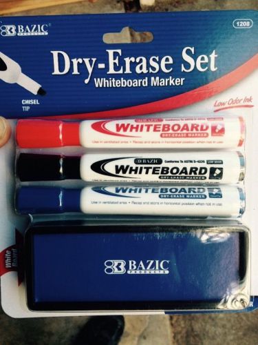 3 Color White Board Markers Office School Chisel Tip Dry Erase with Eraser