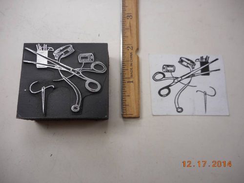 Letterpress Printing Printers Block, Sewing, Threaded Needle, Tape, &amp; Scissors