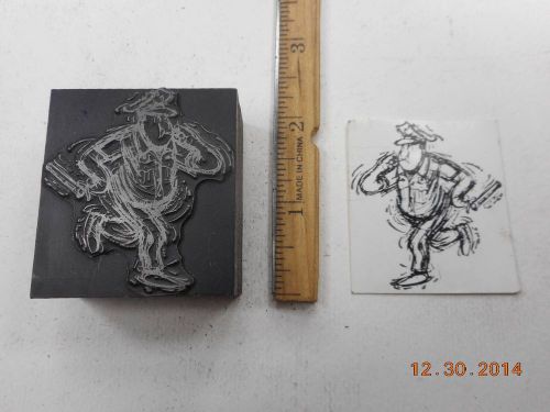 Letterpress Printing Printers Block, Running Policeman blows Whistle