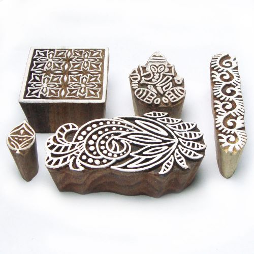 Hand carved wooden floral pattern tags for block printing (set of 5) for sale