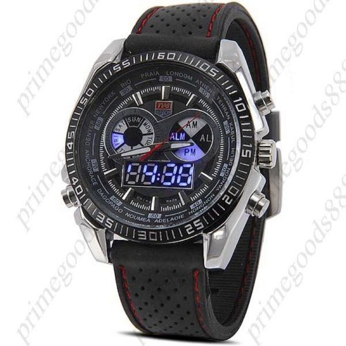 2 Time Zone Zones Black Rubber Band Date Analog Quartz Men&#039;s Wristwatch Silver