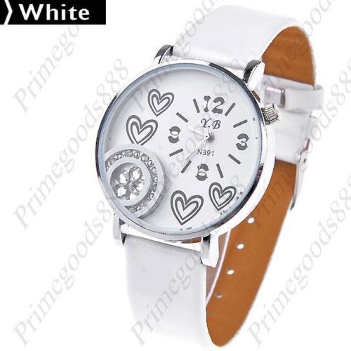 Hearts flower rhinestone synthetic leather quartz wrist wristwatch women&#039;s white for sale