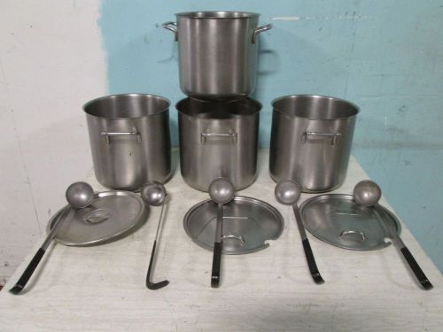 Lot of 4 &#034;spring&#034; swiss made s.s. commercial 10qt. pots, w/ 5 ladles &amp; 3 lids for sale
