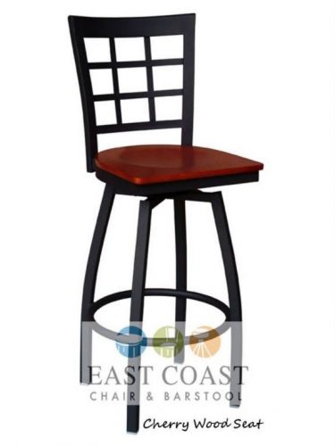 New Gladiator Window Pane Metal Swivel Restaurant Bar Stool w/ Cherry Wood Seat