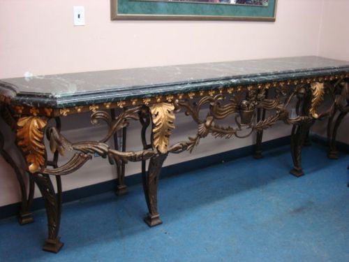 CUSTOM GREEN MARBLE SIDE BOARD SERVER GRAPE LEAF WROUGHT IRON UNDER FRAME