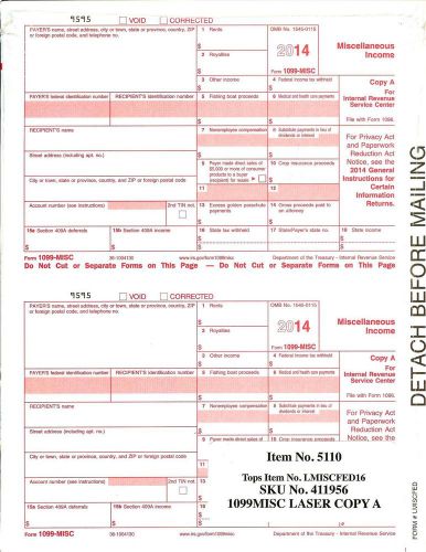 2014 1099 Miscellaneous Forms for Laser Printers; Federal Copy A