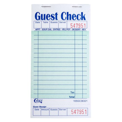 50 Books 2500 Checks Total,1 Part Green/White Guest Check &amp; Bottom Guest Receipt