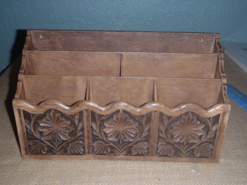 Vintage Lerner Desk Top Organizer Letter Mail Bills Pens Holder Faux Carved Wood