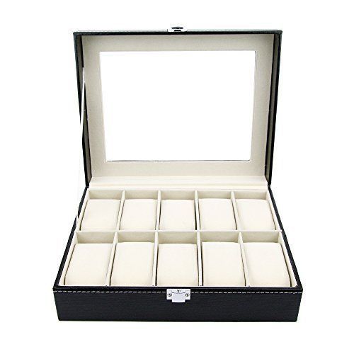 Watch Box Large 10 Black Mens Womens Leather Display Glass Top Jewelry Case O...