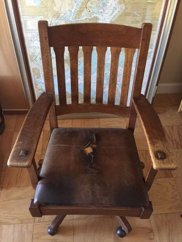 Stickley Brown Leather Oak Wood Office Chair / Furniture / Mission