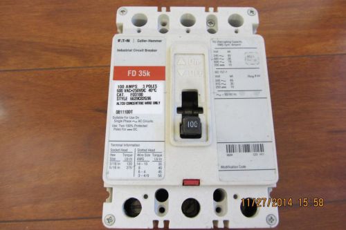 Cutler hammer fd3100 3phase 600v ac/250v dc 100 amp main circuit breaker 35k aic for sale