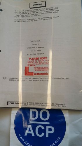 DRANETZ TM-110390A VOL. 1 OPERATORS MANUAL 626-PA-6006 AC NEUTRAL MONITOR R3-S31