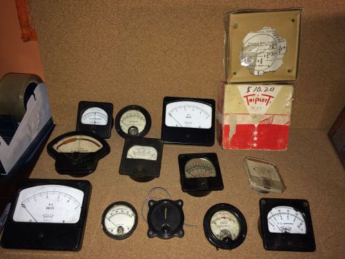 Vtg asst of 12 meters, gauges, amp &amp; voltmeters, GE Memovox Weston Daco Triplet