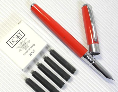 POKY F 400 Fountain Pen RED free 5 POKY cartridges BLACK ink
