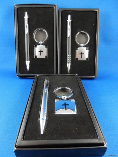 NEW SET 3 PEN &amp; KEY FOB RING STAINLESS RELIGIOUS CROSS CHURCH GIFT SETS NIB MINT