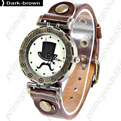 Mustache Top Hat Round Case Quartz Lady Ladies Wristwatch Women&#039;s Dark Brown