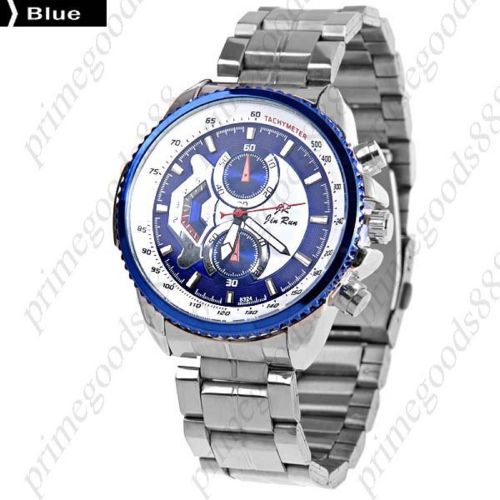 Stainless steel false sub dials quartz wrist men&#039;s wristwatch silver blue face for sale