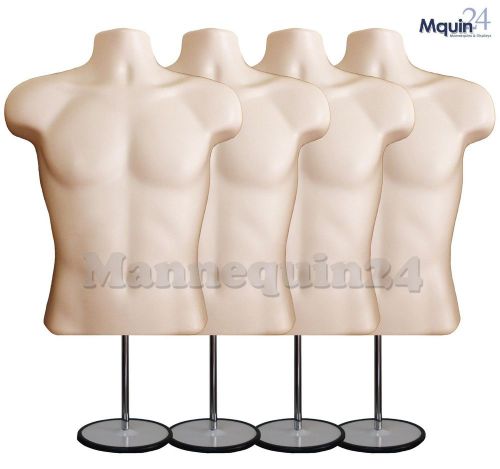 4 Flesh Male Torso Mannequin Forms w/4 Stands +4 Hanging Hooks Man&#039;s Clothings