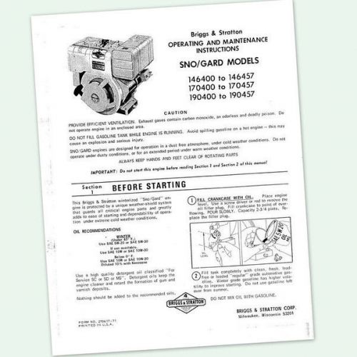 BRIGGS AND STRATTON 7hp ENGINE 170400 to 170457 OPERATING MANUAL OPERATORS point