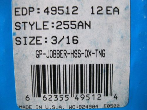 Chicago-Latrobe 49512 QTY:12 Style 255AN 3/16 GP-JOBBER-HSS-OX-TNG