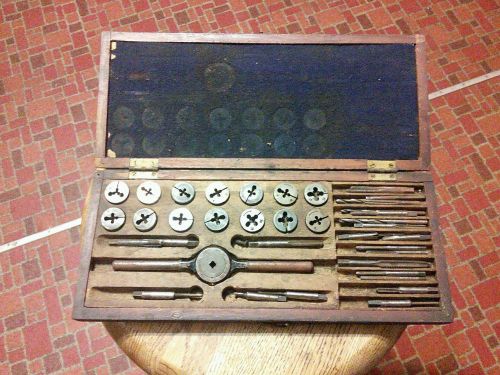 Vintage C.F.Reece tap and die set in wooden box, incomplete, some mismatched
