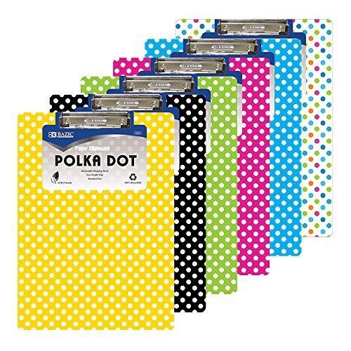 6 Pk, BAZIC Standard Size Polka Dot Paperboard Clipboard w/ Low Profile Clip