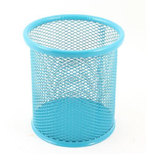 8.3cm Diameter Cylinder Shaped Mesh Design Metal Pen Ruler Pencil Holder Blue