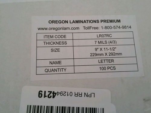 OREGON LAMINATIONS BOX 100 PIECES 9X11-1/2&#034; 7MILS LRO7RC NEW LETTER