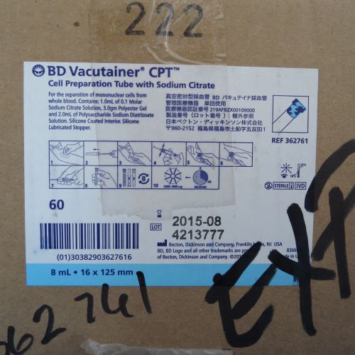 Pk/60 bd vacutainer cpt tubes 8ml 16 x 125mm 362761 for sale