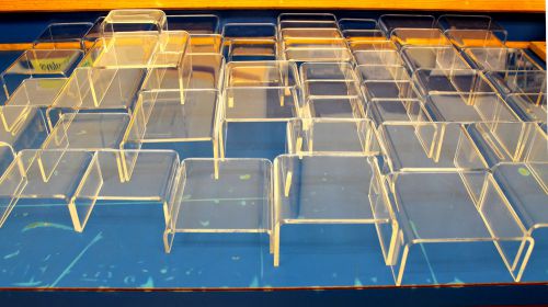 Huge Lot, 56 Clear Acrylic Display Risers, 2x3.5x1.5 to 5.5x5.5x2.5. USA Made