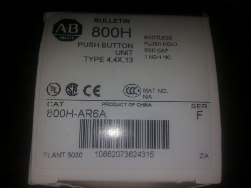 BRAND NEW IN BOX Allen Bradley 800H-AR6A BOOTLESS FLUSH HEAD RED PUSH BUTTON