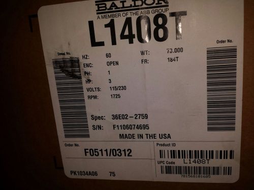 L1408T 3 HP, 1725 RPM NEW BALDOR ELECTRIC MOTOR