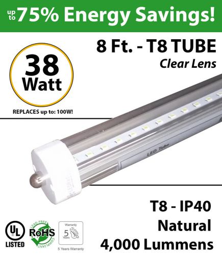 38W, 8Ft, LED Tube, 4000Lm, 4500K, Clear, UL