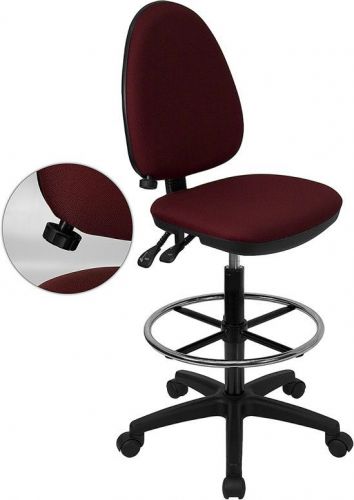 Mid-Back Burgundy Fabric Multi-Functional Drafting Stool with Adjustable Lumbar