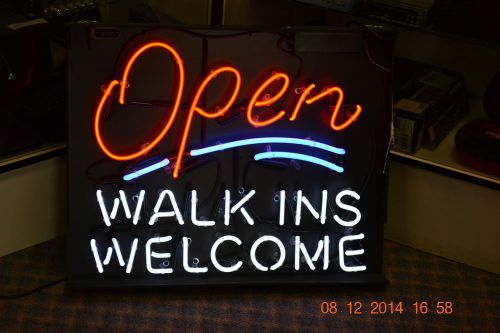 NEON SIGN OPEN WALK INS WELCOME RED,WHITE W/ BLUE SPLASH 30&#034; X 24&#034;