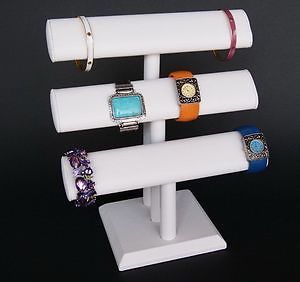 12.5&#034;H 3 TIER WHITE JEWELRY DISPLAY OVAL T BAR BRACELET BANGLE WATCH PJ63W