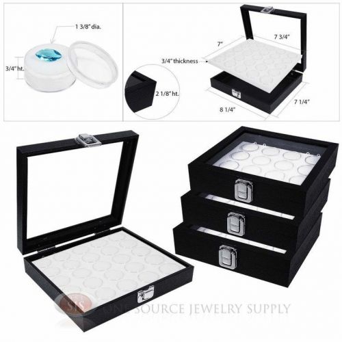 (4) White 25 Gem Jar Inserts w/ Glass Top Display Cases Gemstone Storage Jewelry