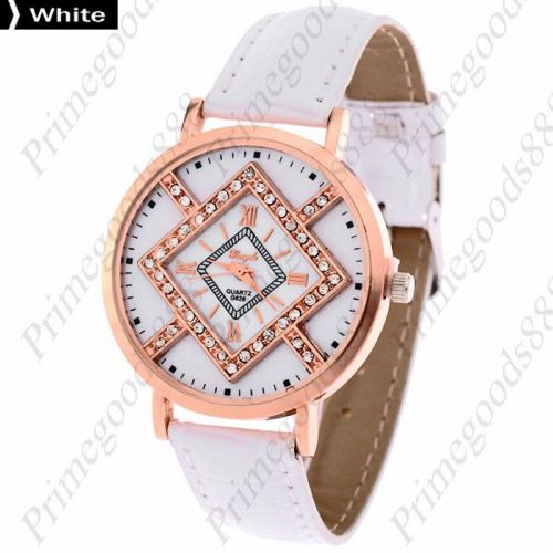 Diamond Shape Face Round Quartz PU Leather Lady Ladies Wristwatch Women&#039;s White