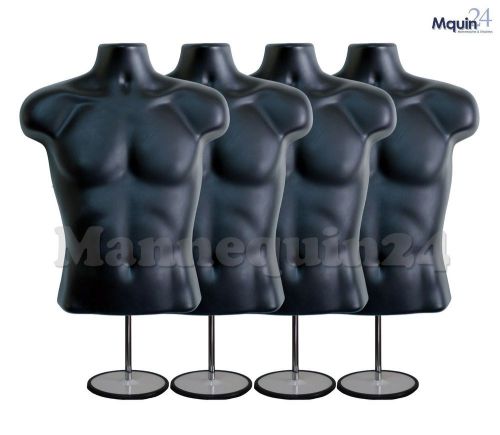 4 Black MALE TORSO MANNEQUIN FORMS w/4 STANDS +4 Hanging Hooks Man&#039;s Clothings