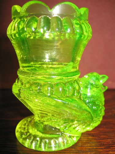 Vaseline glass tabletop toothpick holder uranium canary yellow bird songbird art for sale