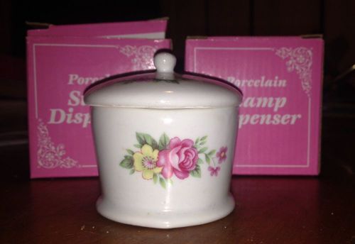 Postage Stamp Dispenser Holder Porcelain (2) Boxed with lid Floral