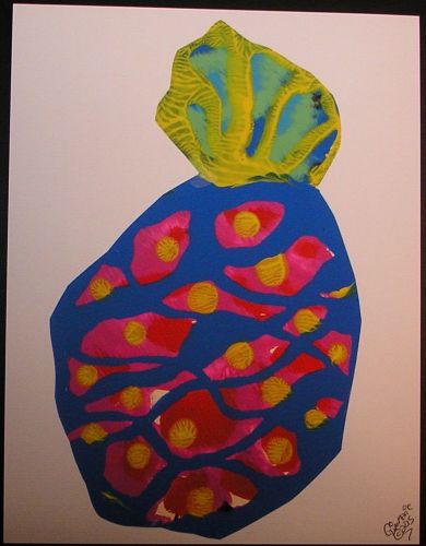 RARE Pink Blue Pineapple Folk Art  Signed Original Painting  Great Juice Bar Art