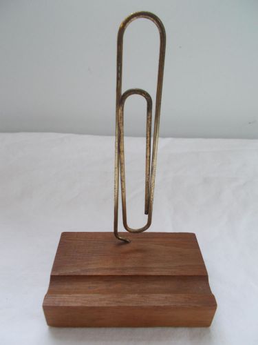 Vintage Large Brass Tone Paper Clip &amp; Wood Mid Century Desk Note Cards Holder